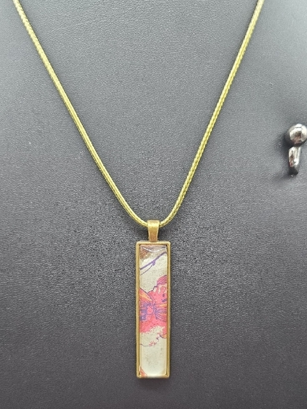 Hand-Crafted | Brass-Tone | Rectangle | Glass Pendant | Necklace w\Pink Accent - Picture 2 of 3